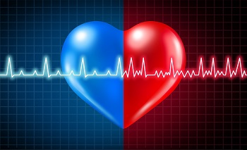 Heart with (left side blue) right side (red) and on top of it a EKG showing heart is functioning.