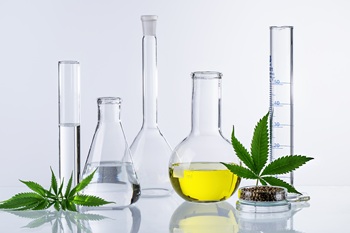 Test tubes and laboratory beakers and glassware surrounded with a couple of Marijuana leaves.